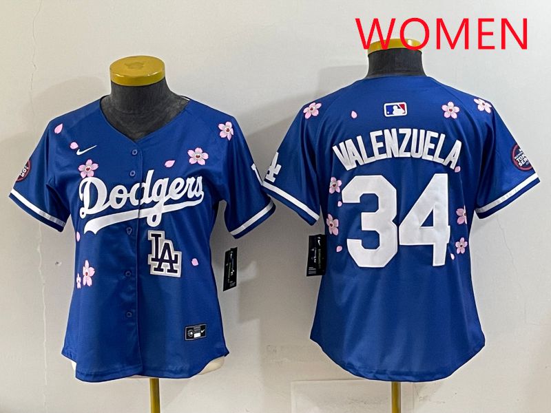 Women Los Angeles Dodgers #34 Valenzuela Blue Sakura Edition 2025 Nike MLB Jersey style 40->women mlb jersey->Women Jersey